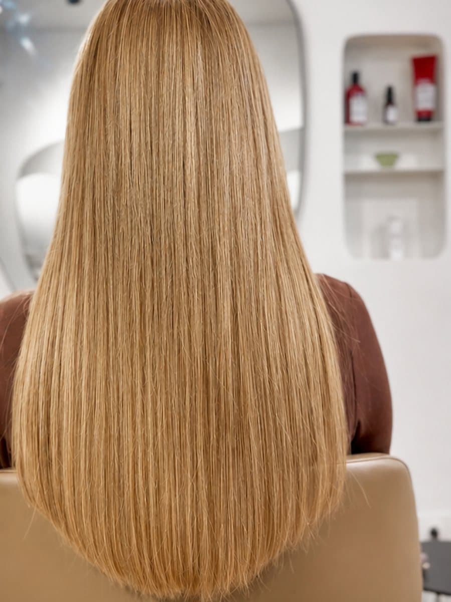 After : Long, sleek, glossy blonde
